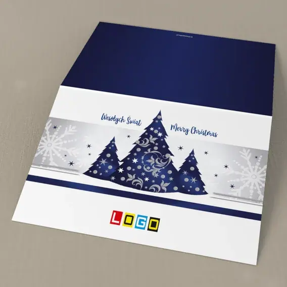 Kartka świąteczna z logo BN1-147 Granatowe trio w padającym śniegu, tył