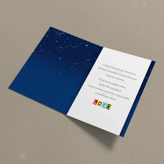 Kartka świąteczna z logo BN1-162 Lampa przy zasypanym świerku, wnętrze