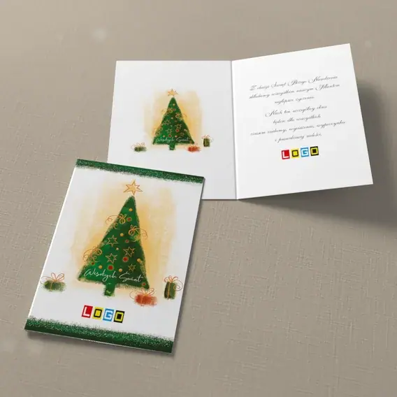 Kartka świąteczna z logo BN1-165 Podarunki obok choinki, widok ogólny