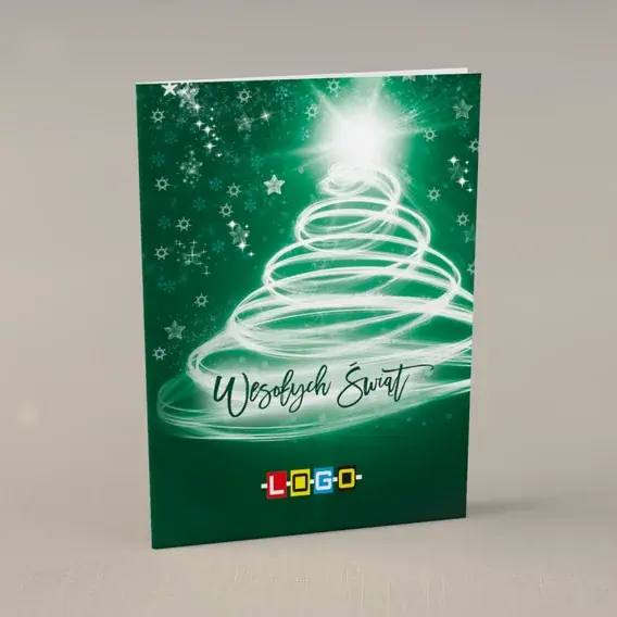 Kartka świąteczna z logo BN1-168 Wir bieli na zieleni, przód