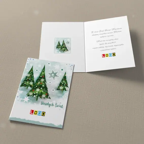 Kartka świąteczna z logo BN1-175 Trójka drzewek w błękitnej mgle, widok ogólny