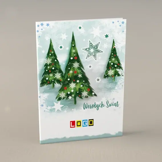 Kartka świąteczna z logo BN1-175 Trójka drzewek w błękitnej mgle, przód