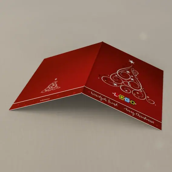 Kartka świąteczna z logo BN1-176 Wirująca choinka na czerwieni, tył
