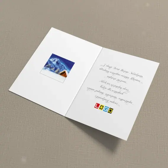 Kartka świąteczna z logo BN1-184 Dach w czapie śniegu, wnętrze