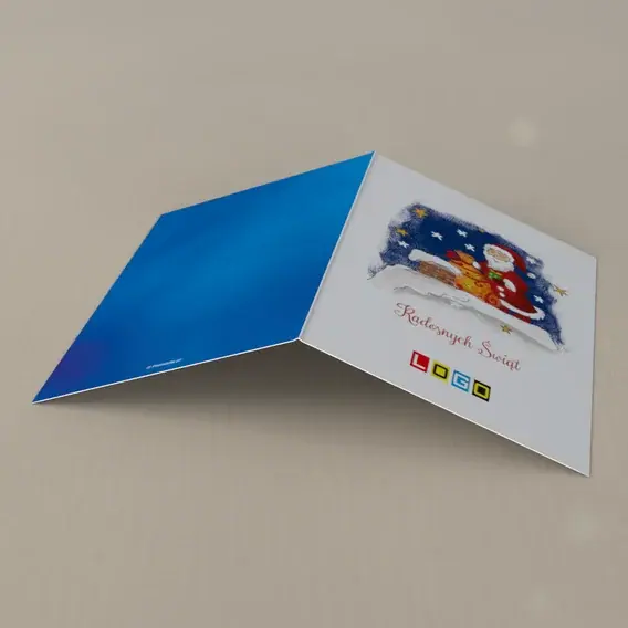Kartka świąteczna z logo BN1-186 Czerwony płaszcz obok komina, tył