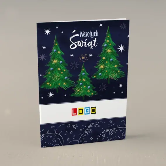 Kartka świąteczna z logo BN1-196 Niebieskie kule na zieleni, przód