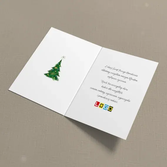 Kartka świąteczna z logo BN1-196 Niebieskie kule na zieleni, wnętrze