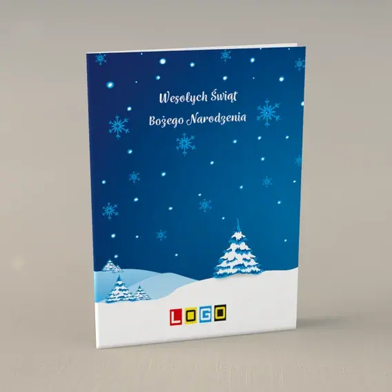 Kartka świąteczna z logo BN1-197 Zaśnieżone drzewka w kropkach, przód