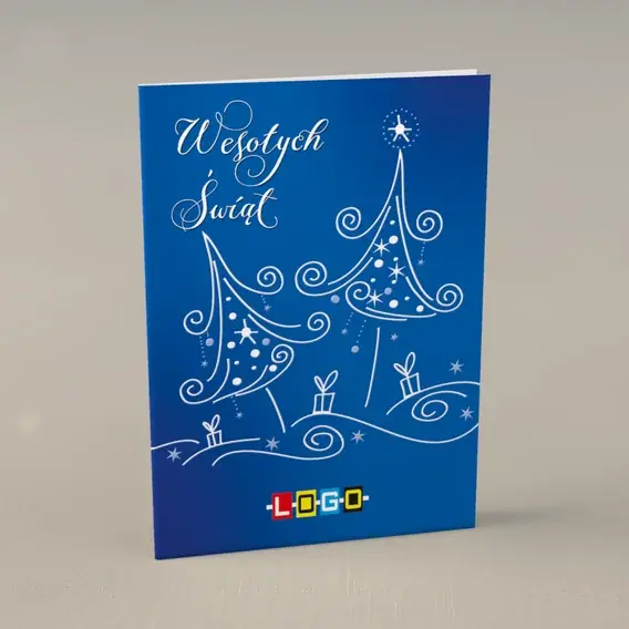 Kartka świąteczna z logo BN1-199 Białe jodły w głębi błękitu, przód