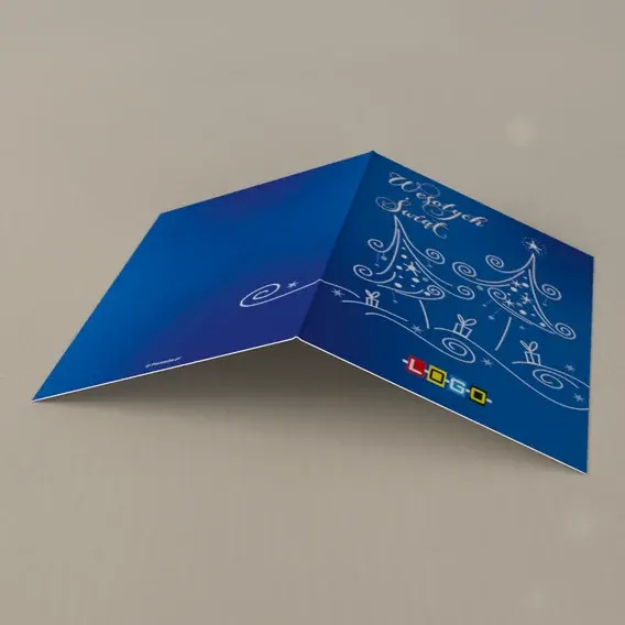 Kartka świąteczna z logo BN1-199 Białe jodły w głębi błękitu, tył