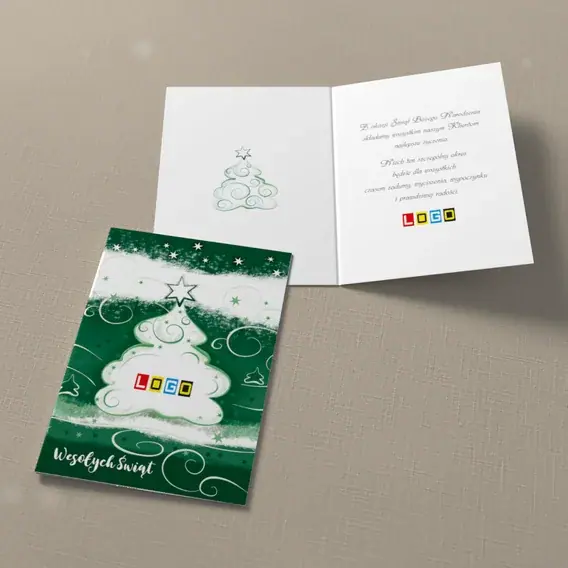 Kartka świąteczna z logo BN1-202 Gwiazdka nad zieloną iglicą, widok ogólny