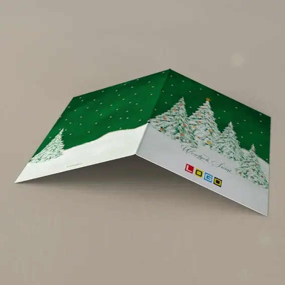 Kartka świąteczna z logo BN1-206 Ośnieżony zagajnik w zieleni, tył