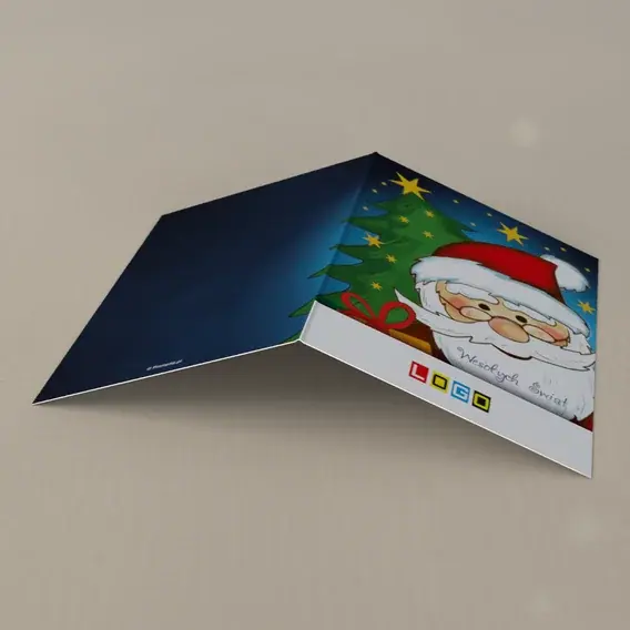 Kartka świąteczna z logo BN1-218 Roześmiany Mikołaj na błękicie, tył