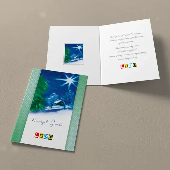 Kartka świąteczna z logo BN1-220 Chata z ciepłymi oknami, widok ogólny