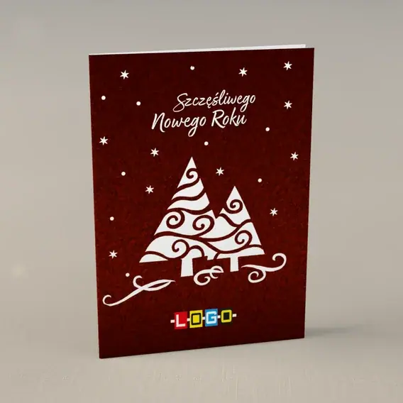 Kartka świąteczna z logo BN1-228 Jodły w bieli i czerwieni, przód