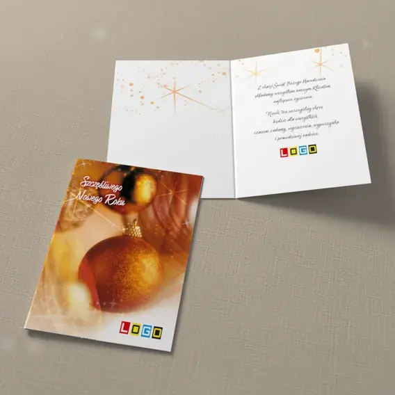 Kartka świąteczna z logo BN1-230 Złote kule w pomarańczowych smugach, widok ogólny