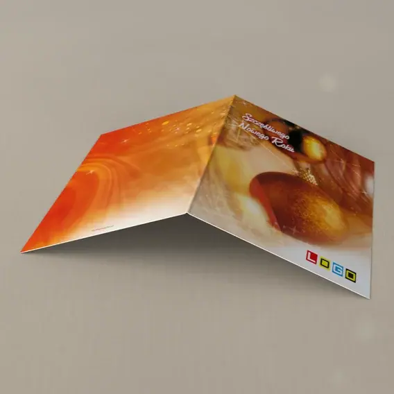 Kartka świąteczna z logo BN1-230 Złote kule w pomarańczowych smugach, tył