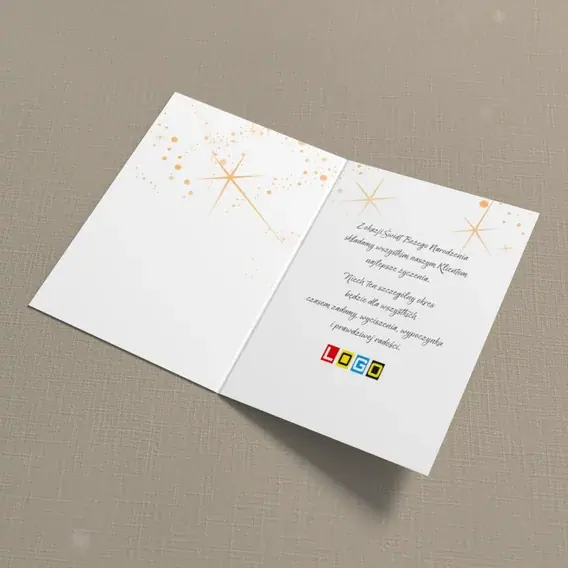 Kartka świąteczna z logo BN1-230 Złote kule w pomarańczowych smugach, wnętrze