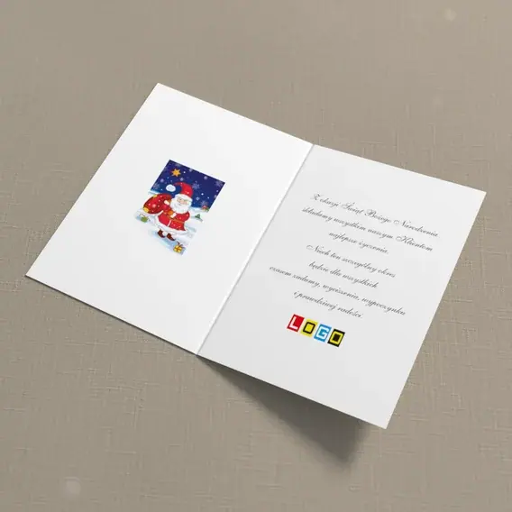 Kartka świąteczna z logo BN1-232 Czerwony gość z podarunkami, wnętrze