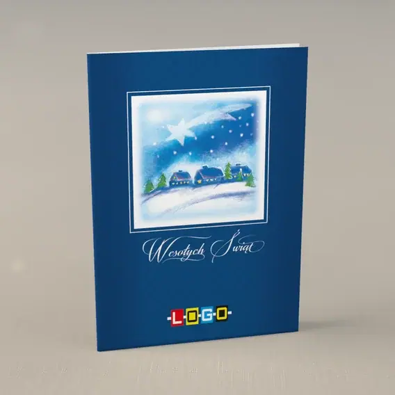 Kartka świąteczna z logo BN1-235 Chaty w śnieżnej ramie, przód