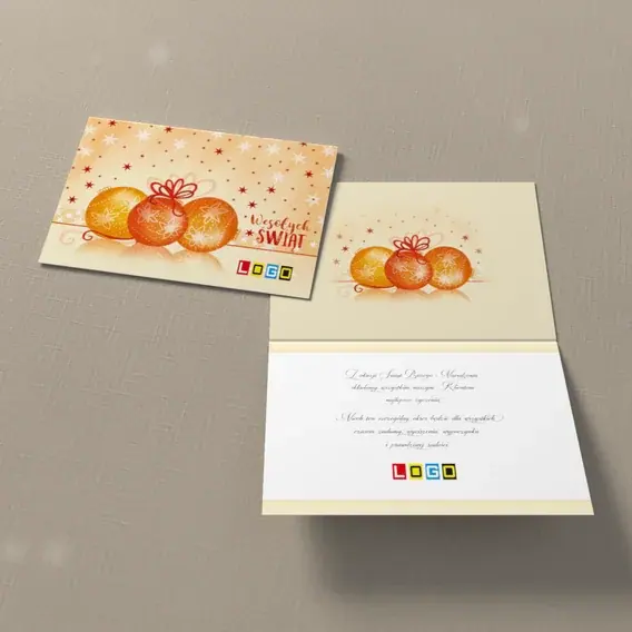 Kartka świąteczna z logo BN1-239 Pomarańczowe kule na kremie, widok ogólny