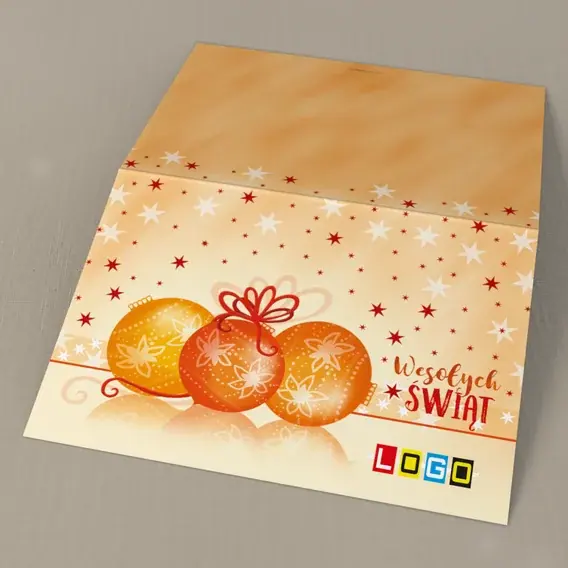 Kartka świąteczna z logo BN1-239 Pomarańczowe kule na kremie, tył