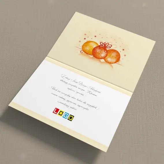 Kartka świąteczna z logo BN1-239 Pomarańczowe kule na kremie, wnętrze