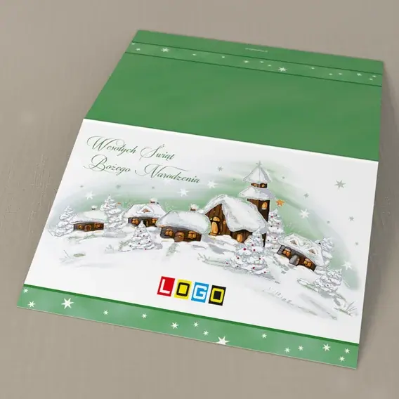 Kartka świąteczna z logo BN1-251 Śnieżna osada z zielonym pasem, tył