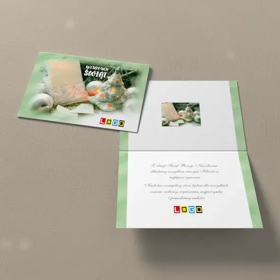 Kartka świąteczna z logo BN1-253 Porcelanowe drzewko w prawym rogu, widok ogólny