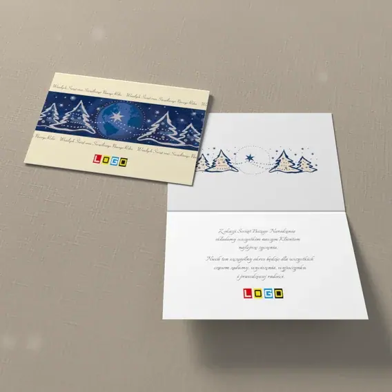 Kartka świąteczna z logo BN1-265 Planeta z gwiazdą między choinkami, widok ogólny