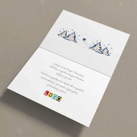 Kartka świąteczna z logo BN1-265 Planeta z gwiazdą między choinkami, wnętrze