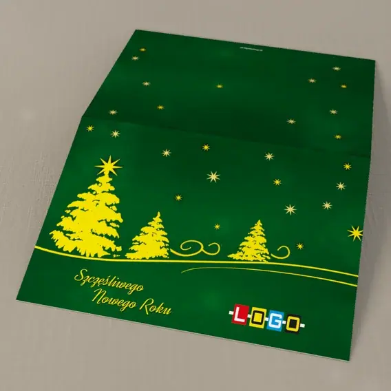 Kartka świąteczna z logo BN1-273 Trójka żółtych świerków i gwiazd, tył