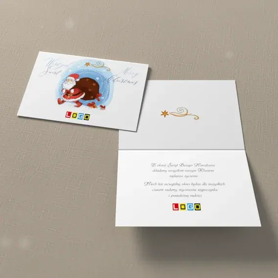 Kartka świąteczna z logo BN1-274 Św. Mikołaj z workiem gwiazd, widok ogólny