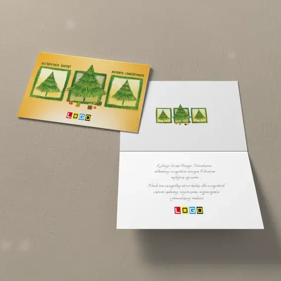 Kartka świąteczna z logo BN1-277 Trzy drzewka w prostokątnych oprawach, widok ogólny