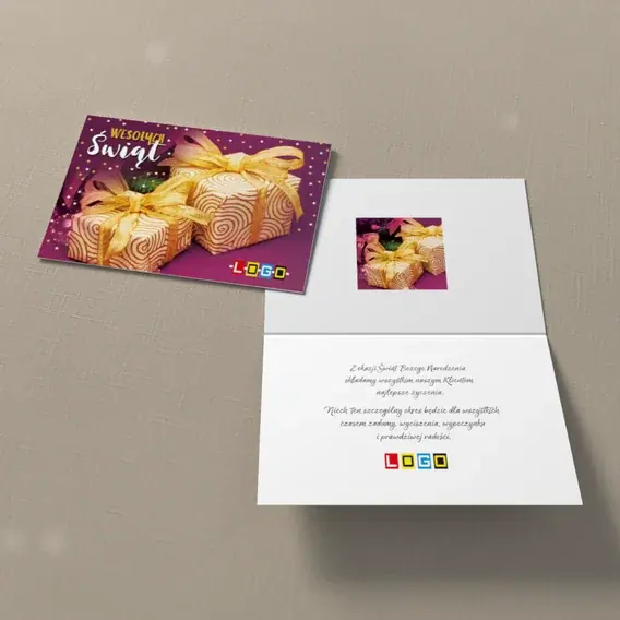 Kartka świąteczna z logo BN1-280 Paczki w fioletowej nocy, widok ogólny