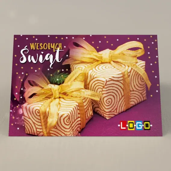 Kartka świąteczna z logo BN1-280 Paczki w fioletowej nocy, przód