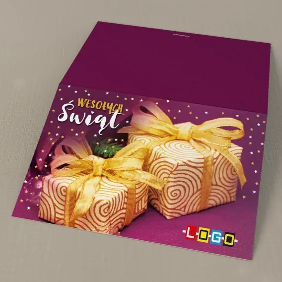 Kartka świąteczna z logo BN1-280 Paczki w fioletowej nocy, tył