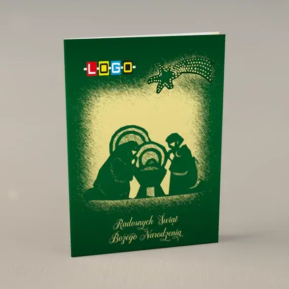 Kartka świąteczna z logo BN1-286 Szopka w żółtym kręgu, przód