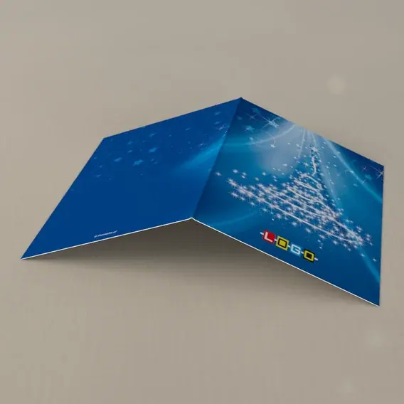 Kartka świąteczna z logo BN1-287 Rozświetlone drzewko w chłodnym błękicie, tył