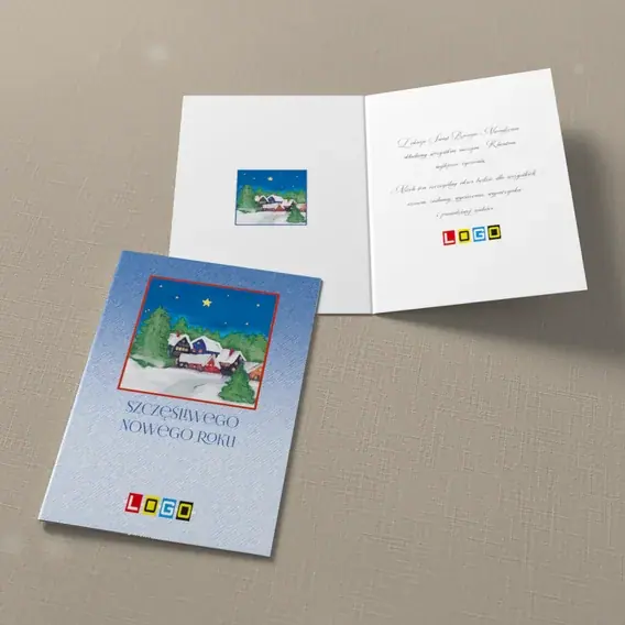 Kartka świąteczna z logo BN1-291 Barwne domki w czerwonej ramie, widok ogólny