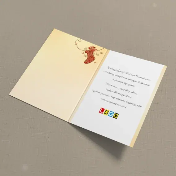 Kartka świąteczna z logo BN1-298 Czerwony but na wstążkach, wnętrze