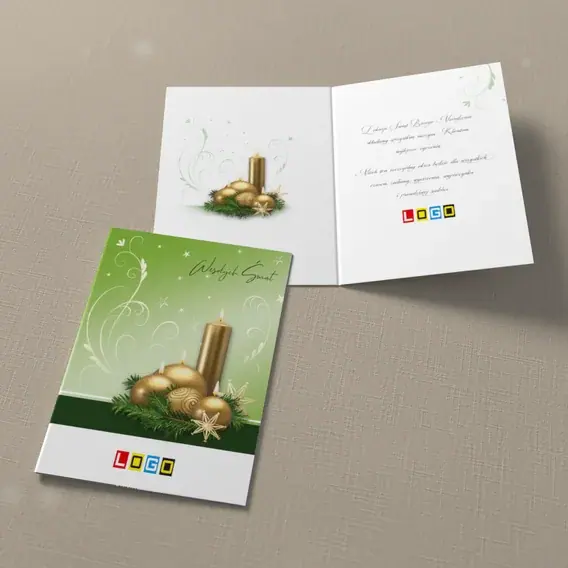 Kartka świąteczna z logo BN1-300 Płomienie w leśnej zieleni, widok ogólny