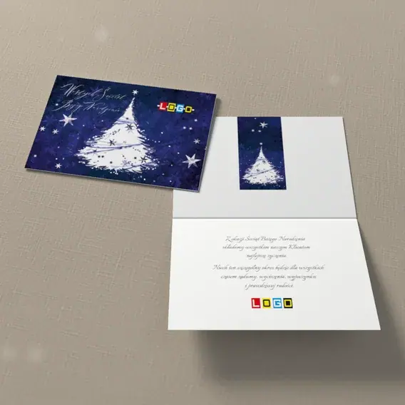 Kartka świąteczna z logo BN1-302 Śnieżne drzewko w ciemnym granacie, widok ogólny