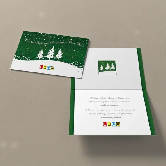Kartka świąteczna z logo BN1-305 Biała zaspa i trzy jodły, widok ogólny