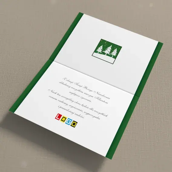Kartka świąteczna z logo BN1-305 Biała zaspa i trzy jodły, wnętrze