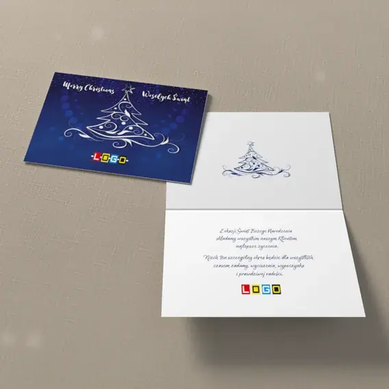 Kartka świąteczna z logo BN1-306 Okręgi z kropek wokół drzewka, widok ogólny