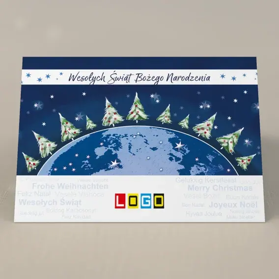 Kartka świąteczna z logo BN1-309 Planeta w choinkowym lesie, przód