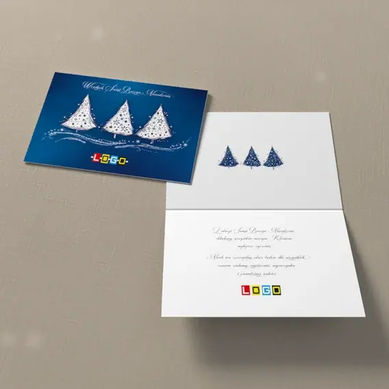 Kartka świąteczna z logo BN1-310 Trio w bieli na granacie, widok ogólny