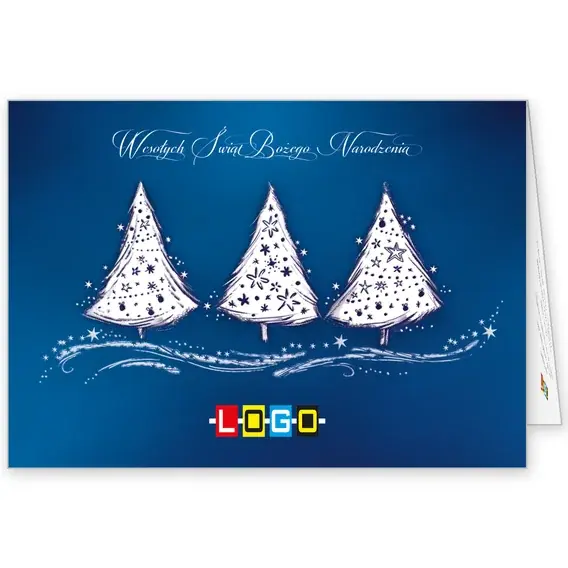 Kartka świąteczna z logo BN1-310 Trio w bieli na granacie, okładka