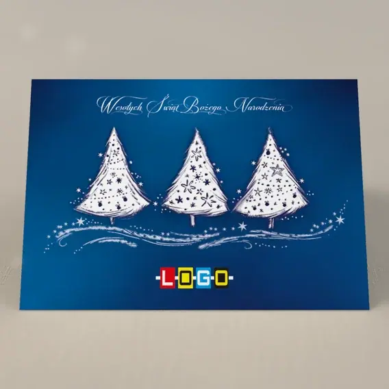 Kartka świąteczna z logo BN1-310 Trio w bieli na granacie, przód